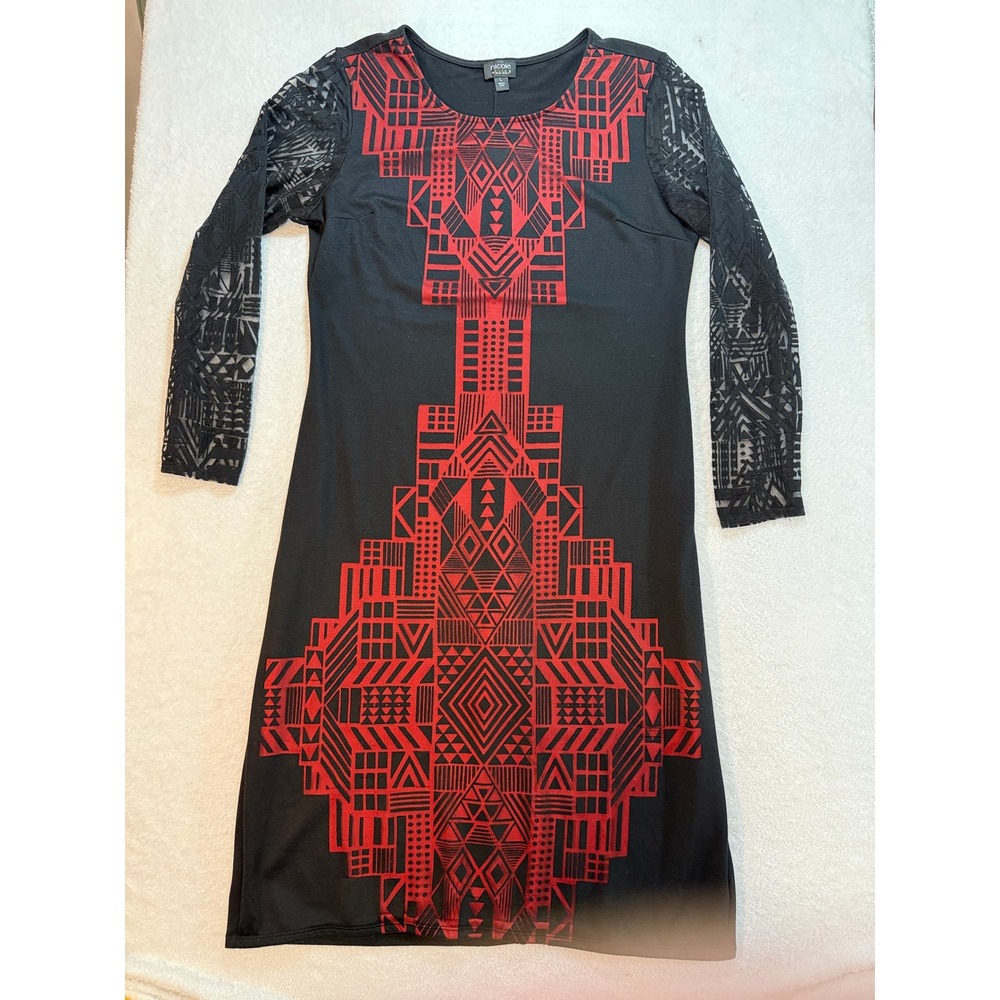 Nicole by Nicole Miller Black Red Geometric Lace Sleeve Sheath Dress Large